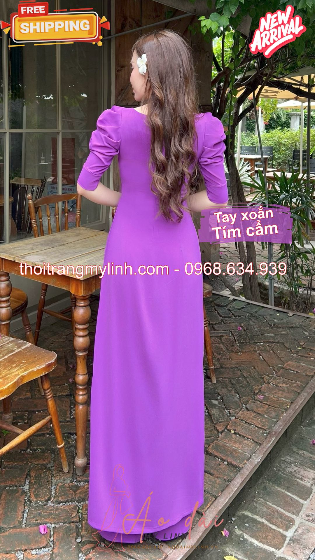 Bộ áo dài cổ tròn đính đã tay xoắn tím cẩm